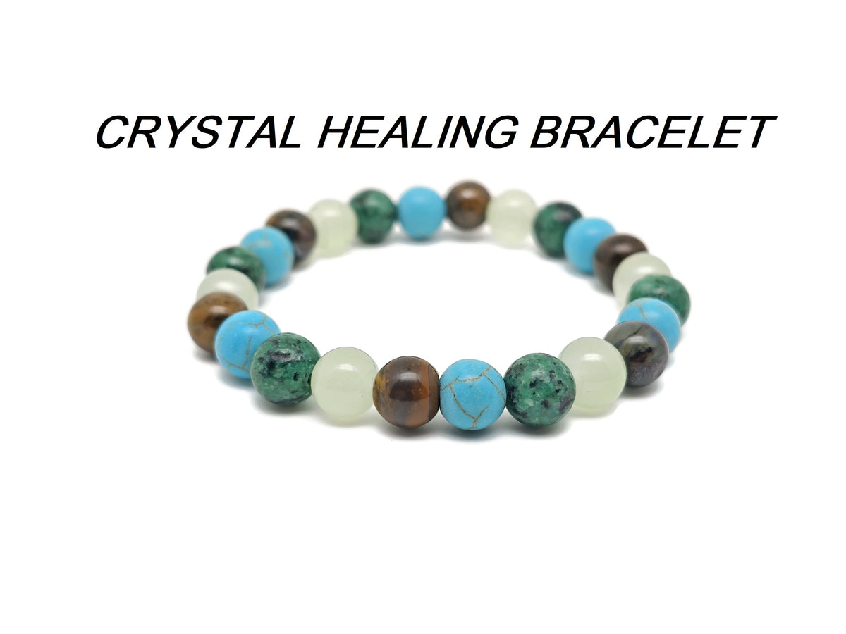 Handmade gemstone intention bracelet with colorful crystals on a stretchy band, suitable for men and women.