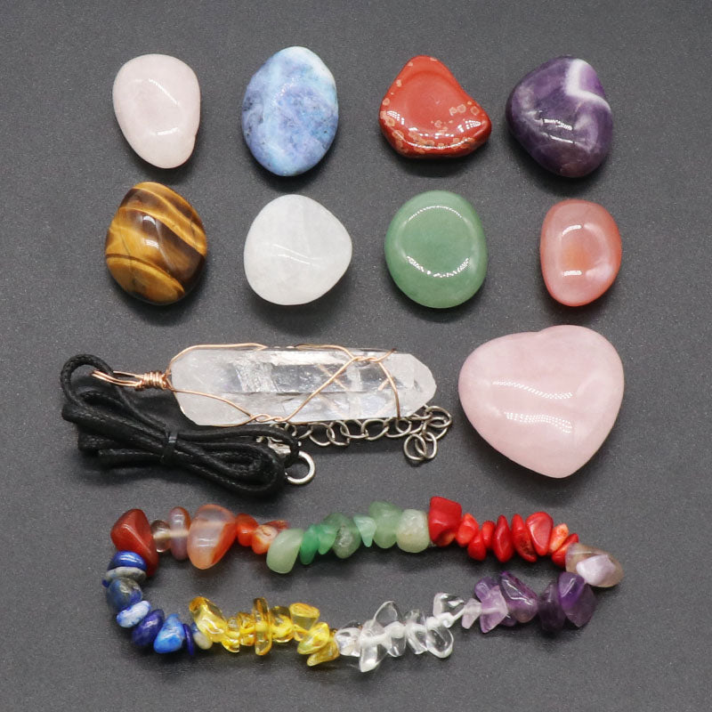 Healing Crystal Set with Quartz Wand - Natural Tumbled Stones + Chip Bracelet -Reiki Meditation Spiritual Gift- New!