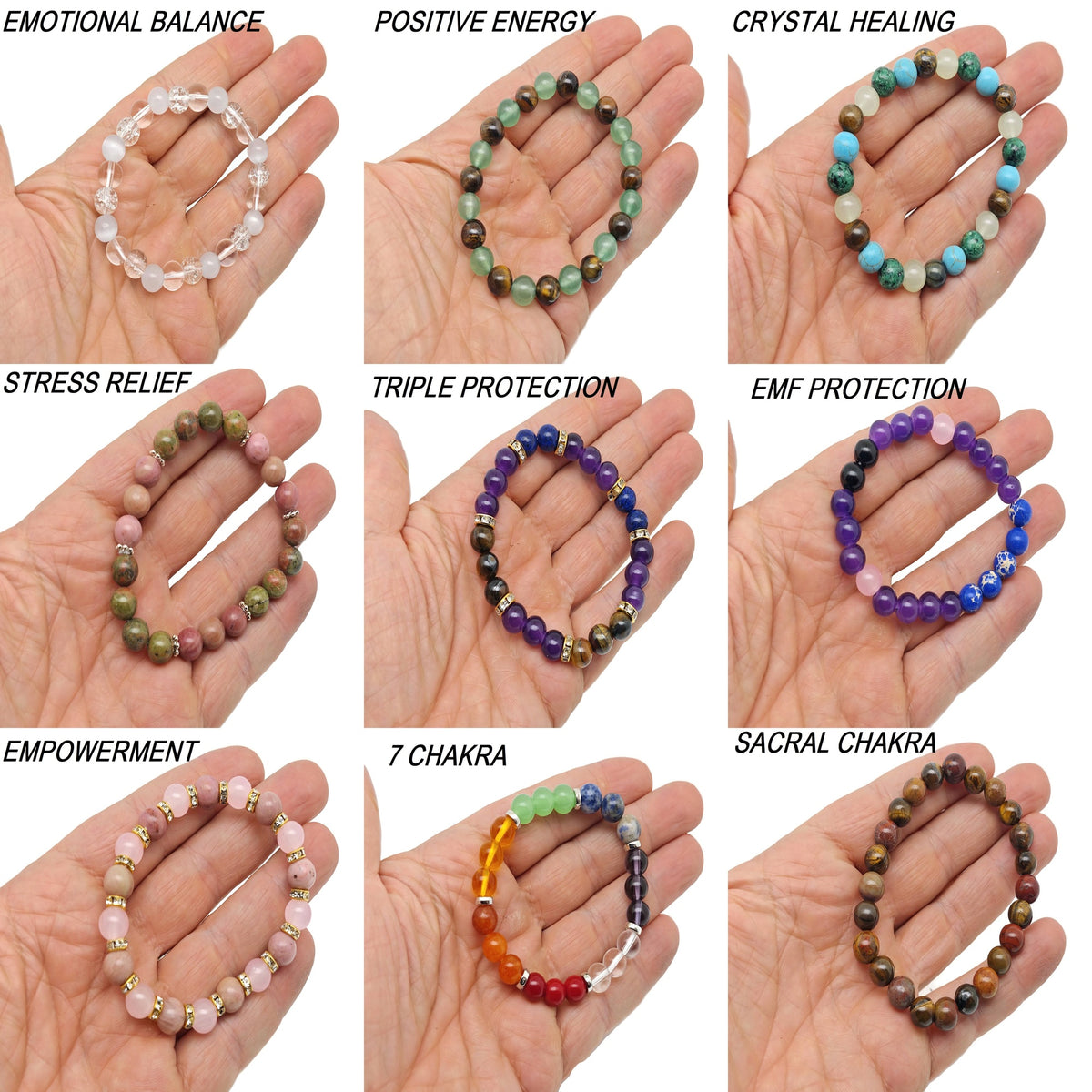 Handmade gemstone intention bracelet with colorful crystals, stretchy design for men and women, by GemstoneGO.