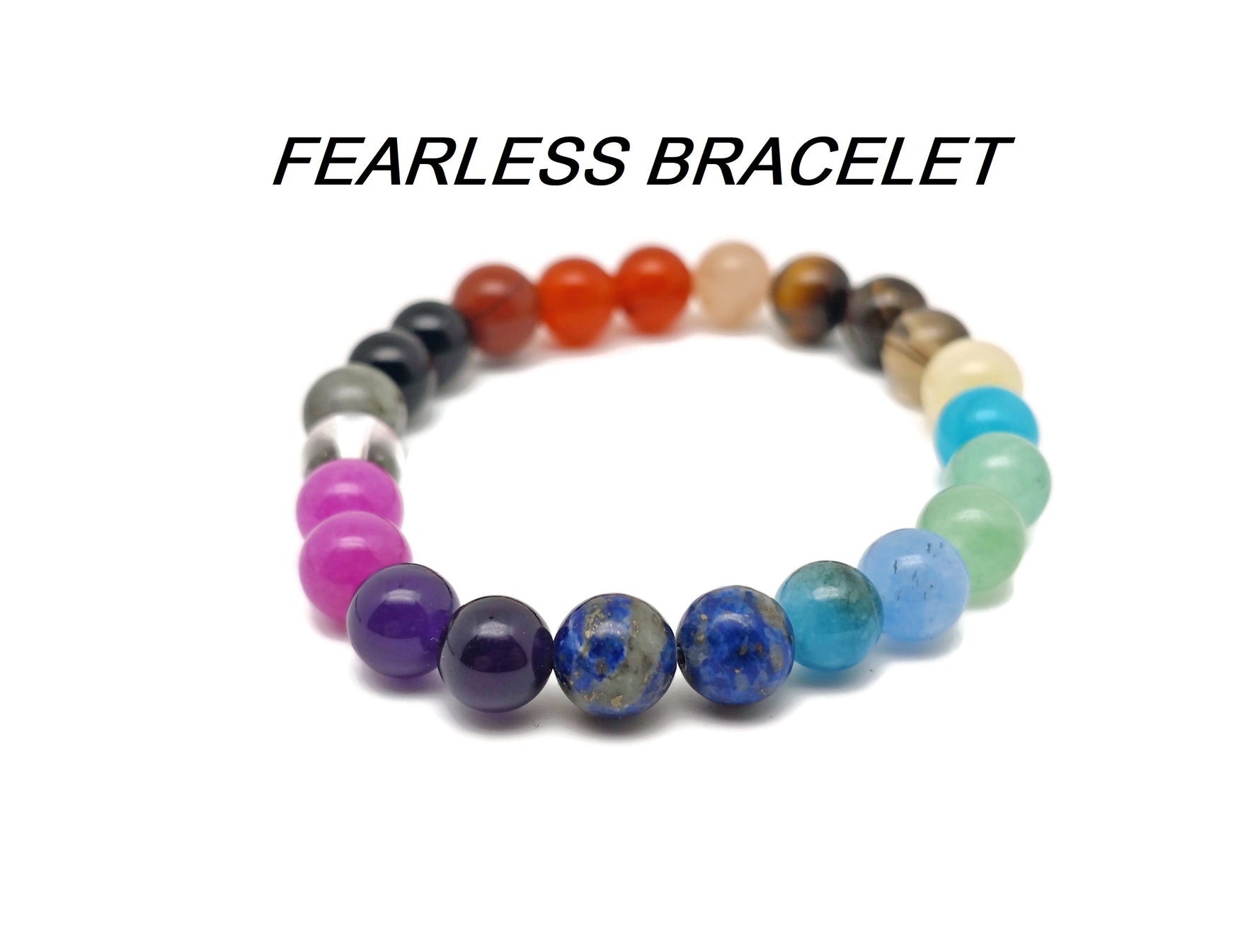 Handmade gemstone intention bracelet with colorful crystals, stretchy fit for men and women, by GemstoneGO.