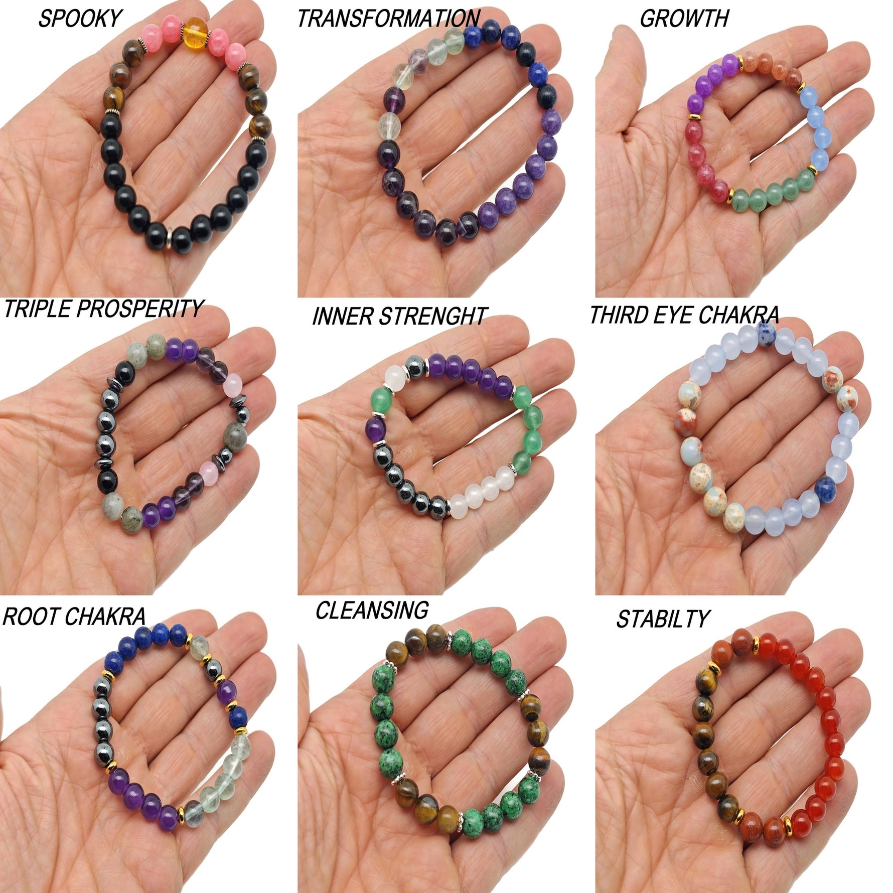 Handmade GemstoneGO intention bracelet with colorful crystals, stretchy design, suitable for men and women, on a neutral background.