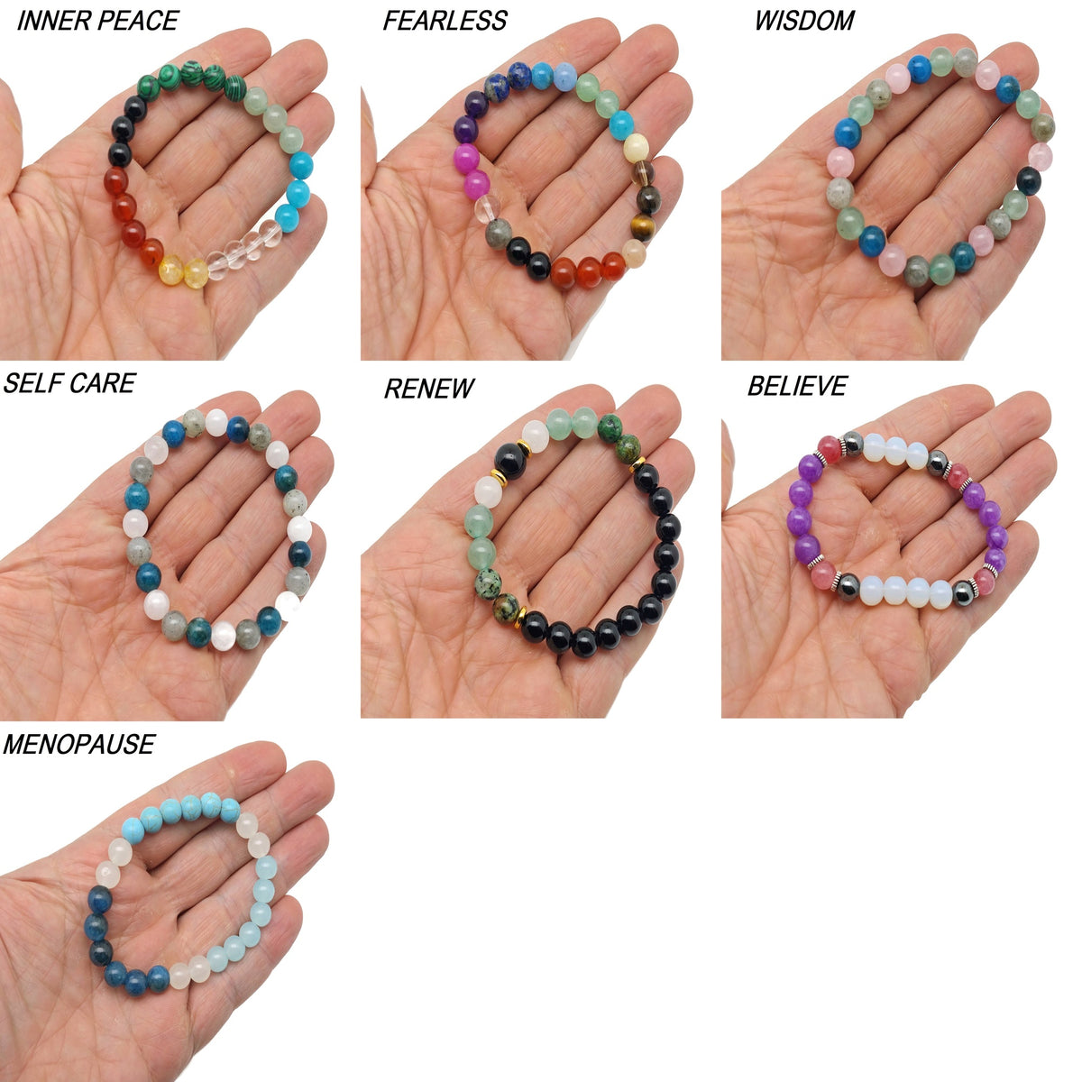 Handmade gemstone intention bracelet with colorful crystals, stretchy fit, designed for men and women by GemstoneGO.