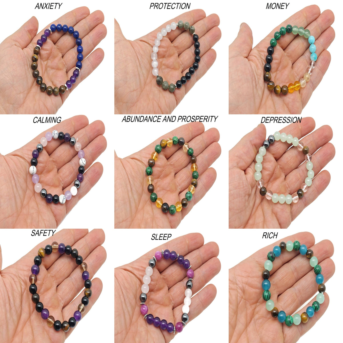 Handmade gemstone Intention Bracelet by GemstoneGO with colorful crystals on a stretchy band for men and women.