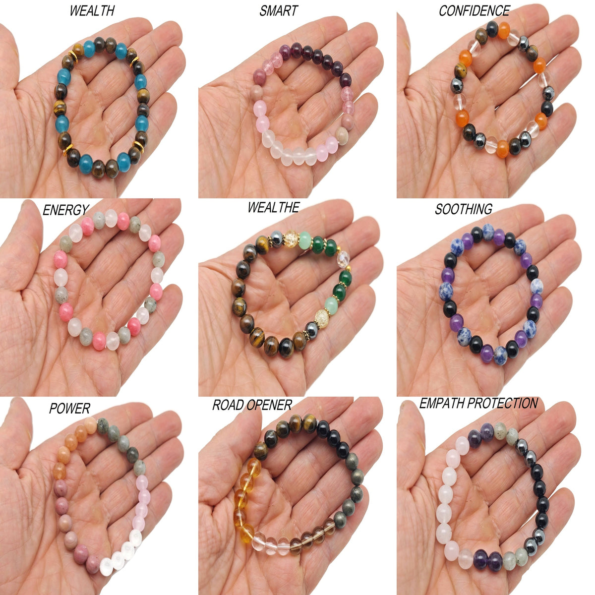 Handmade GemstoneGO intention bracelet with colorful crystals, stretchy design, suitable for men and women, customizable style.
