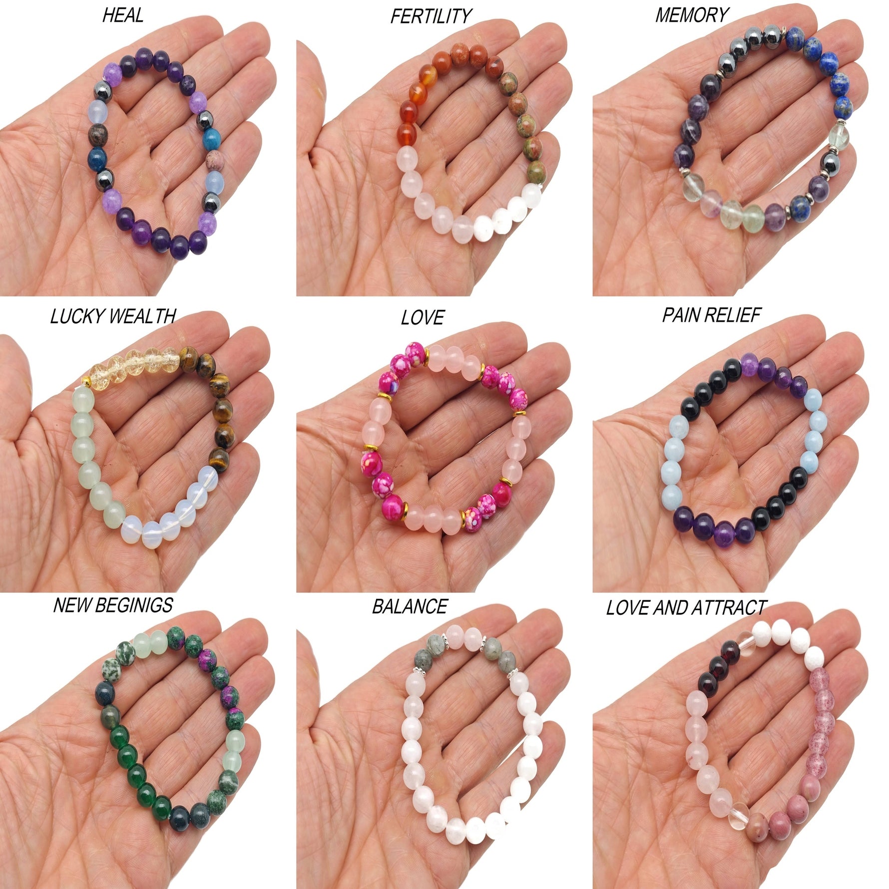 Handmade GemstoneGO intention bracelet with colorful crystals, stretchy design, suitable for men and women, personalized for your intentions.