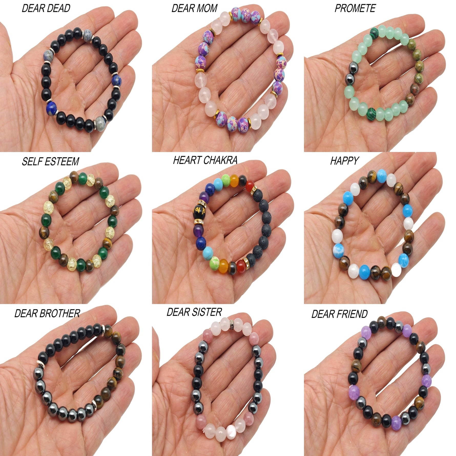 Handmade gemstone intention bracelet with colorful crystals on a stretchy band, suitable for men and women, by GemstoneGO.