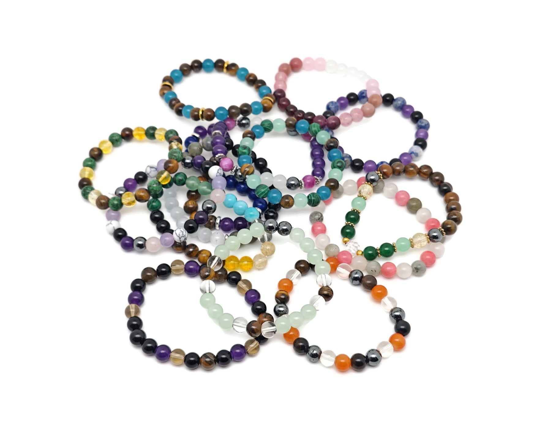 Handmade GemstoneGO intention bracelet with colorful crystals on a stretchy band, suitable for men and women.