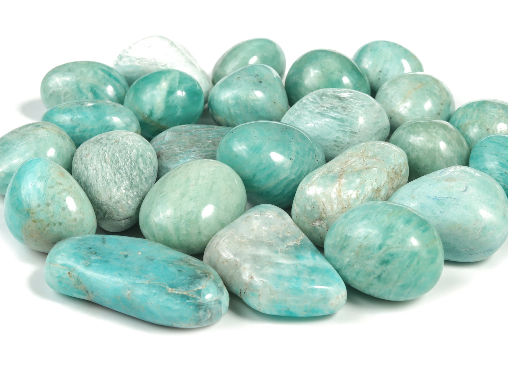 Polished Amazonite tumbled stone from GemstoneGO, smooth blue-green mineral with natural veining, on a neutral background.