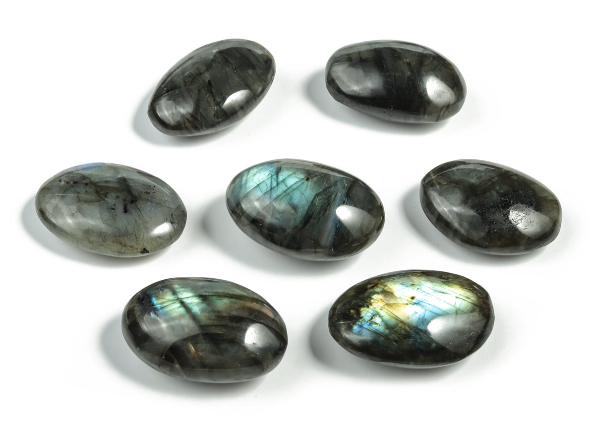Labradorite palm gemstone spa stone from GemstoneGO, featuring iridescent labradorite with natural gemstone textures and polished surface.