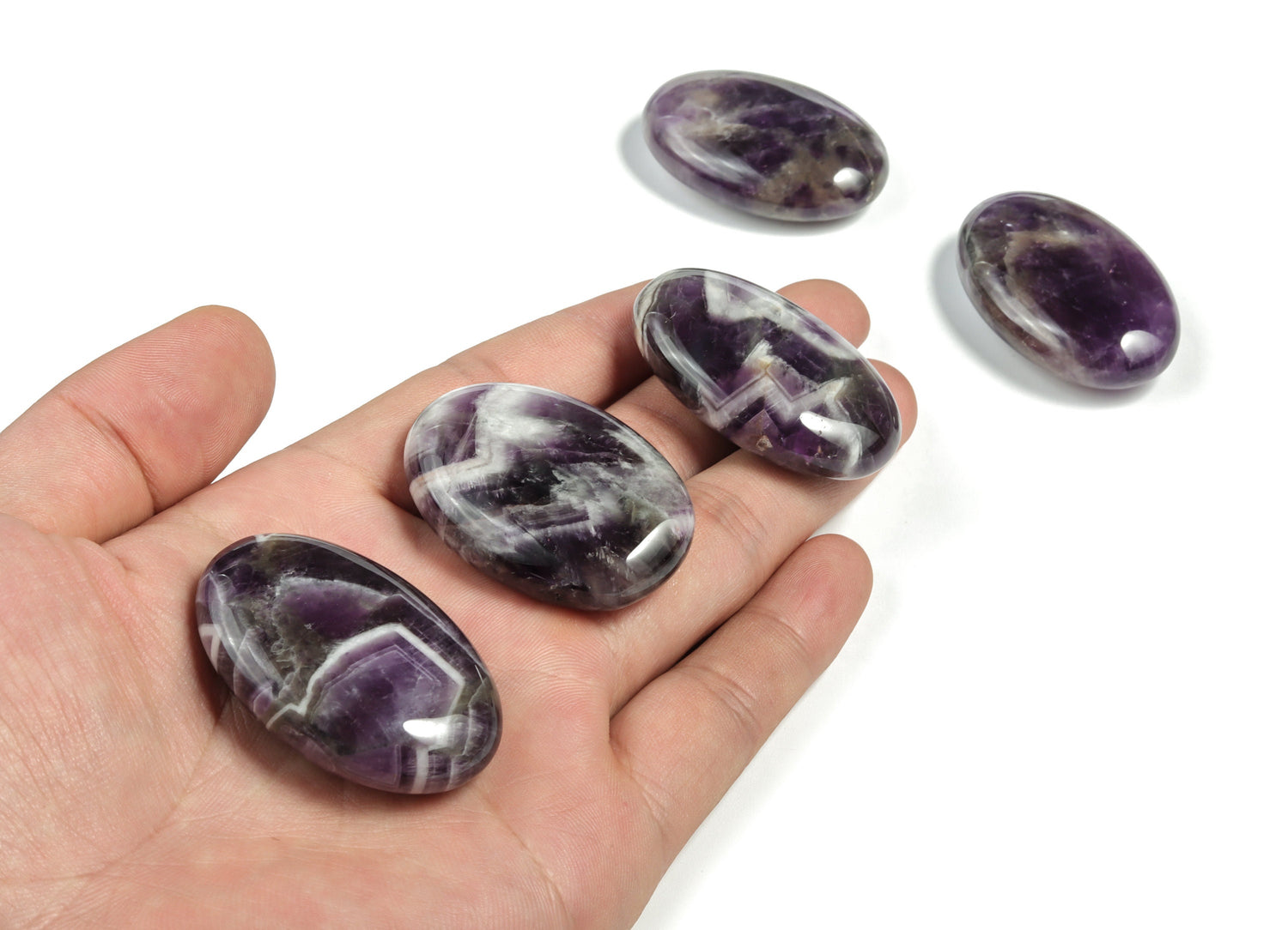 Dream Amethyst palm gemstone spa stone, 45x35mm, with polished amethyst surface and natural purple hues, by GemstoneGO.