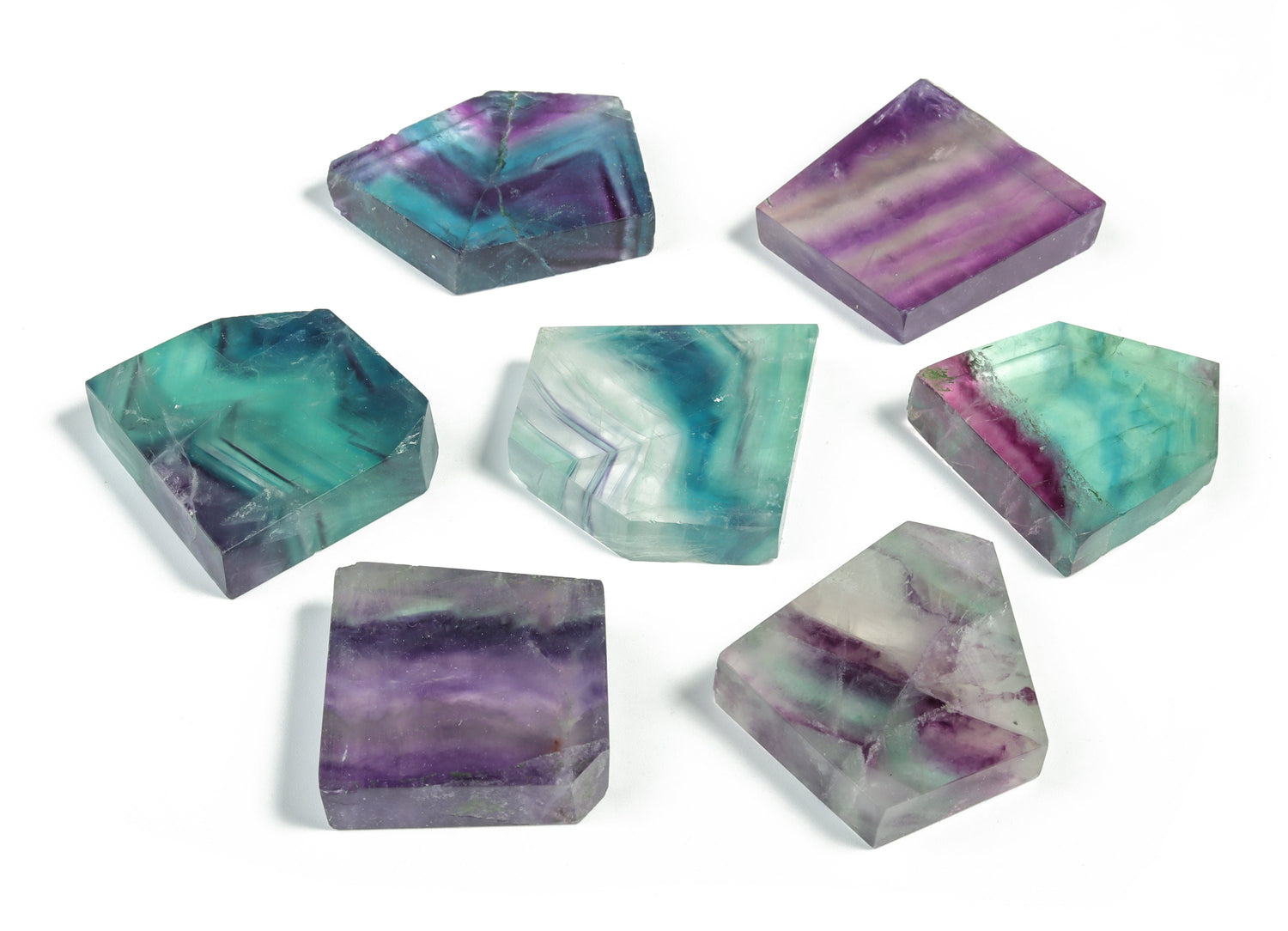 Fluorite flat gemstone slab from GemstoneGO featuring vibrant green and purple hues with smooth polished surface.