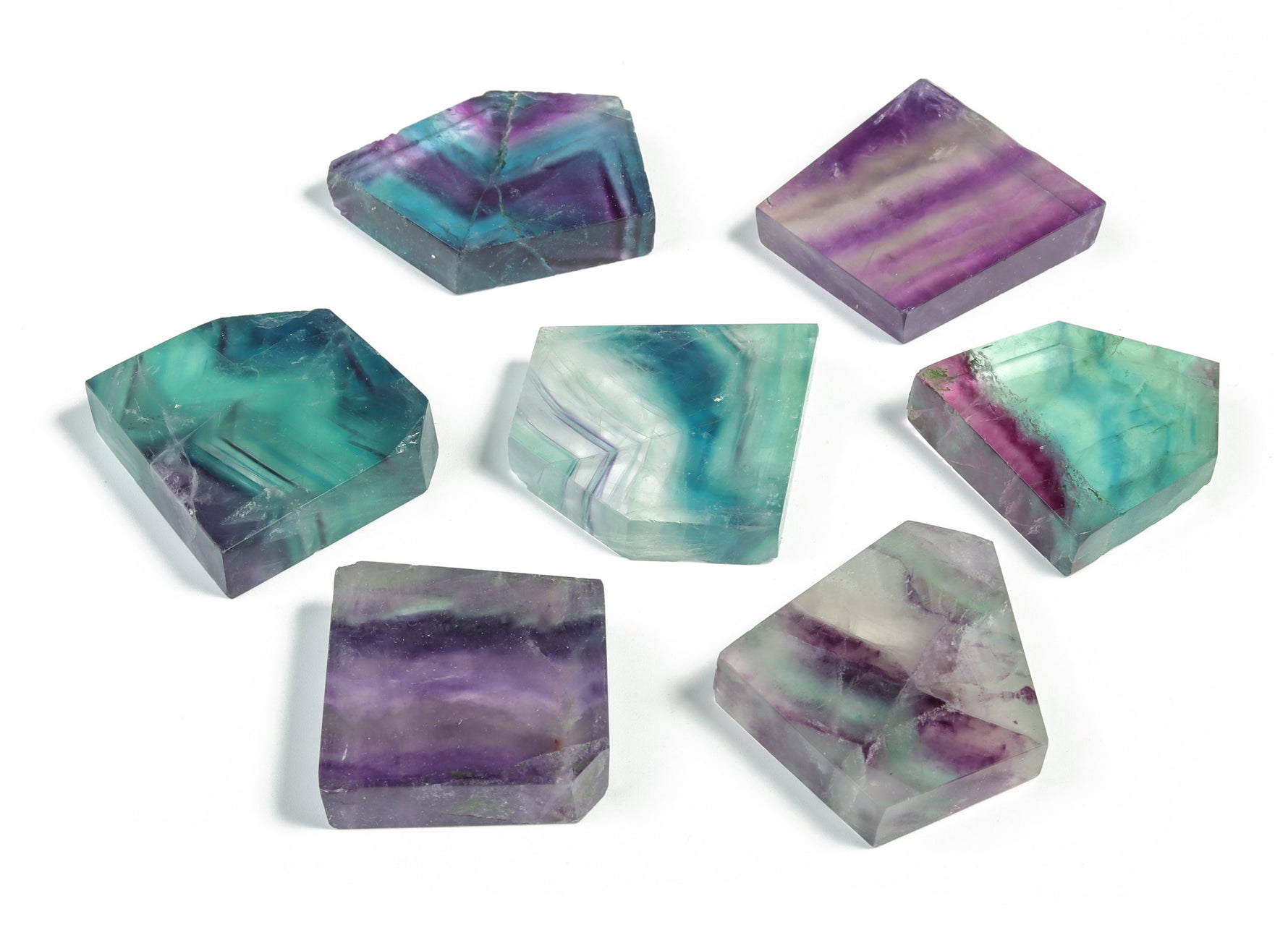 Fluorite flat gemstone slab from GemstoneGO featuring vibrant green and purple hues with smooth polished surface.