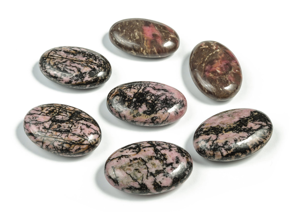 Rhodonite palm gemstone spa stone, 45x35mm, smooth polished natural pink and black stone for healing and relaxation.