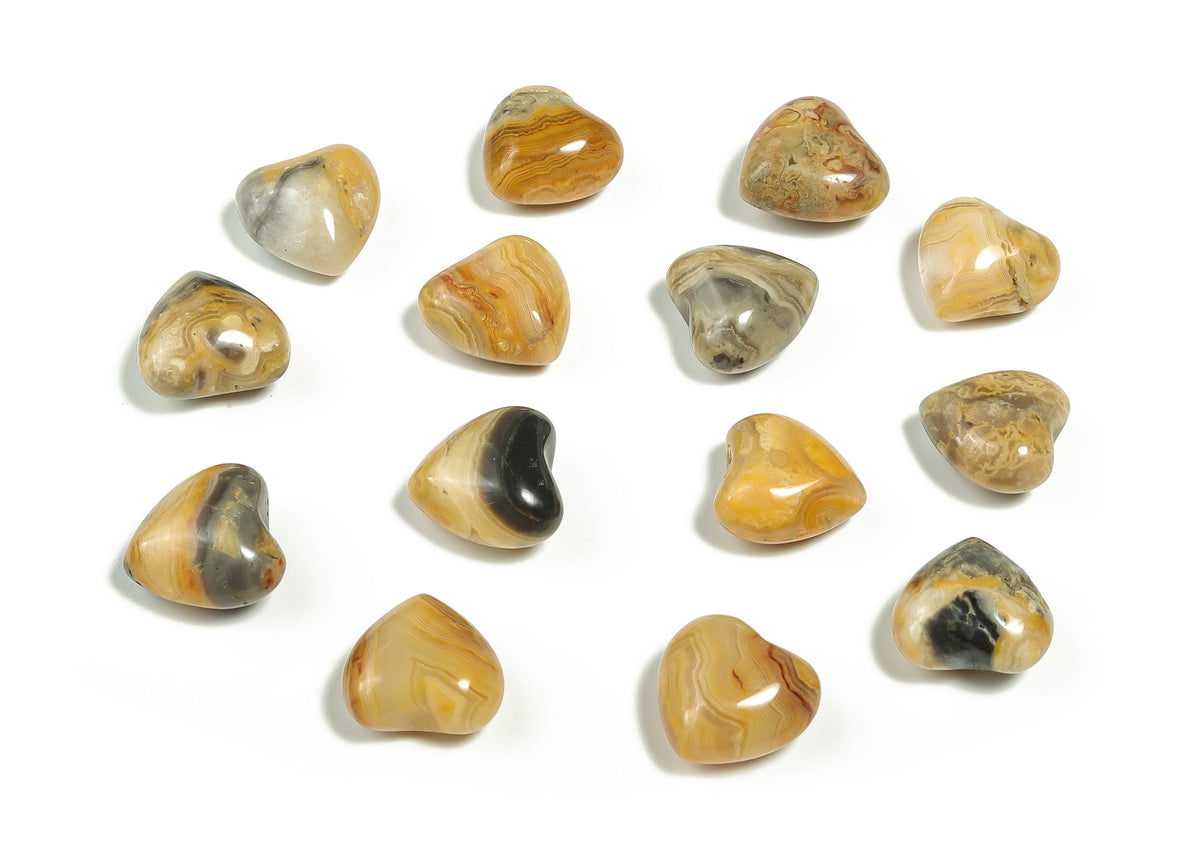 Puffy heart-shaped Crazy Lace Agate gemstone from Mexican agate, 15x15x9mm, with vibrant banded patterns and polished surface.