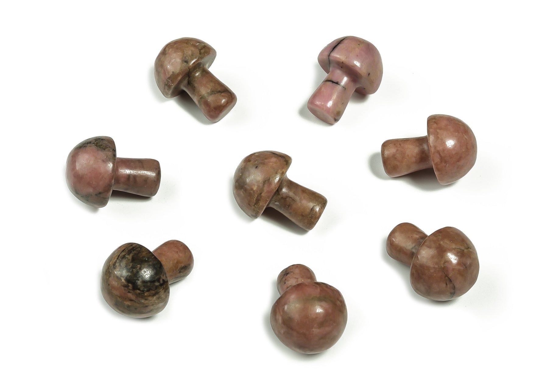 20mm carved Rhodonite mushroom gemstone by GemstoneGO, featuring smooth red and black veined stone with a rounded cap shape.