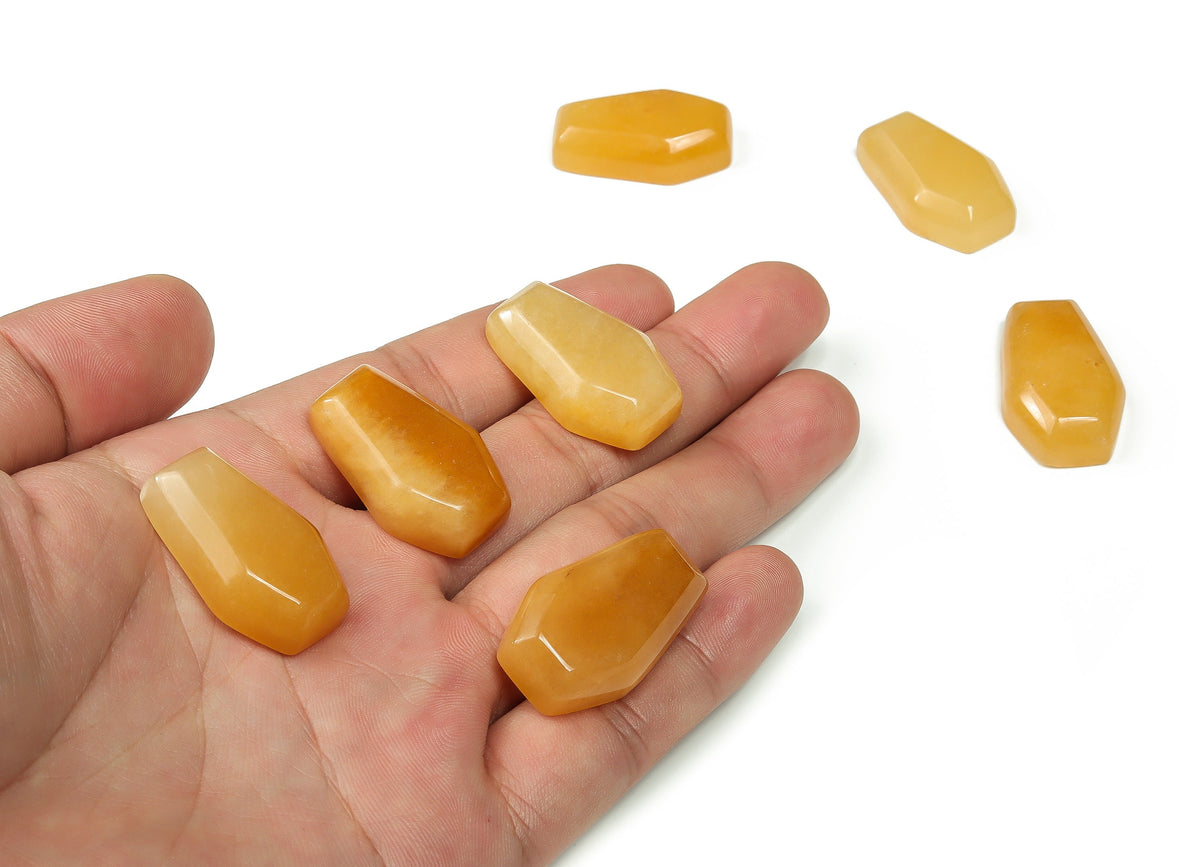 Yellow jade coffin crystal carving, 30mm gemstone sculpture from GemstoneGO, detailed coffin shape with polished finish