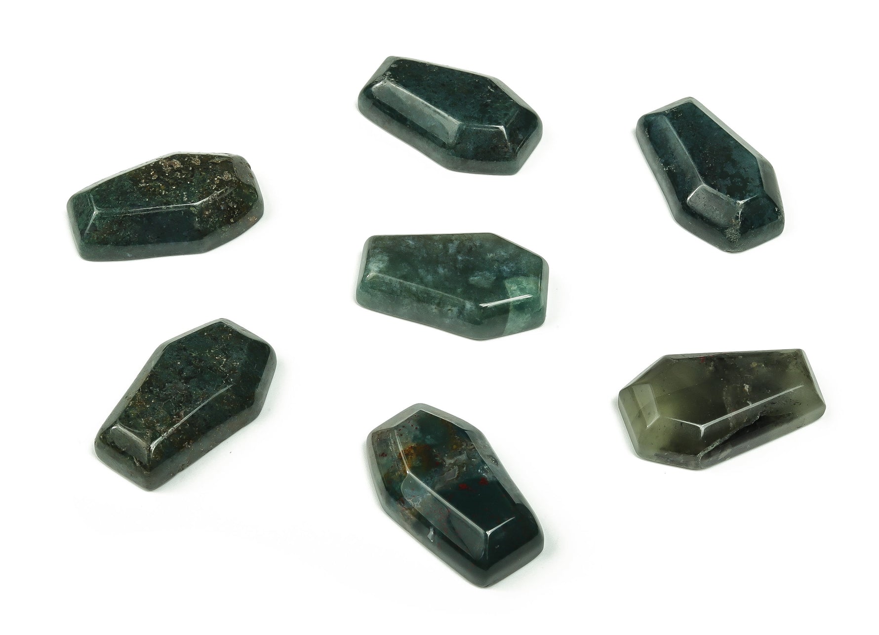 Moss agate coffin-shaped cabochon crystal carving from GemstoneGO, 30mm, showcasing intricate natural moss patterns inside the stone.