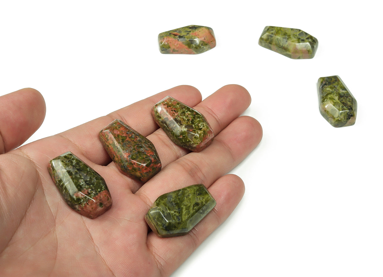 Unakite coffin-shaped crystal cabochon, 30mm gemstone carving by GemstoneGO, showcasing polished pink and green mineral patterns.
