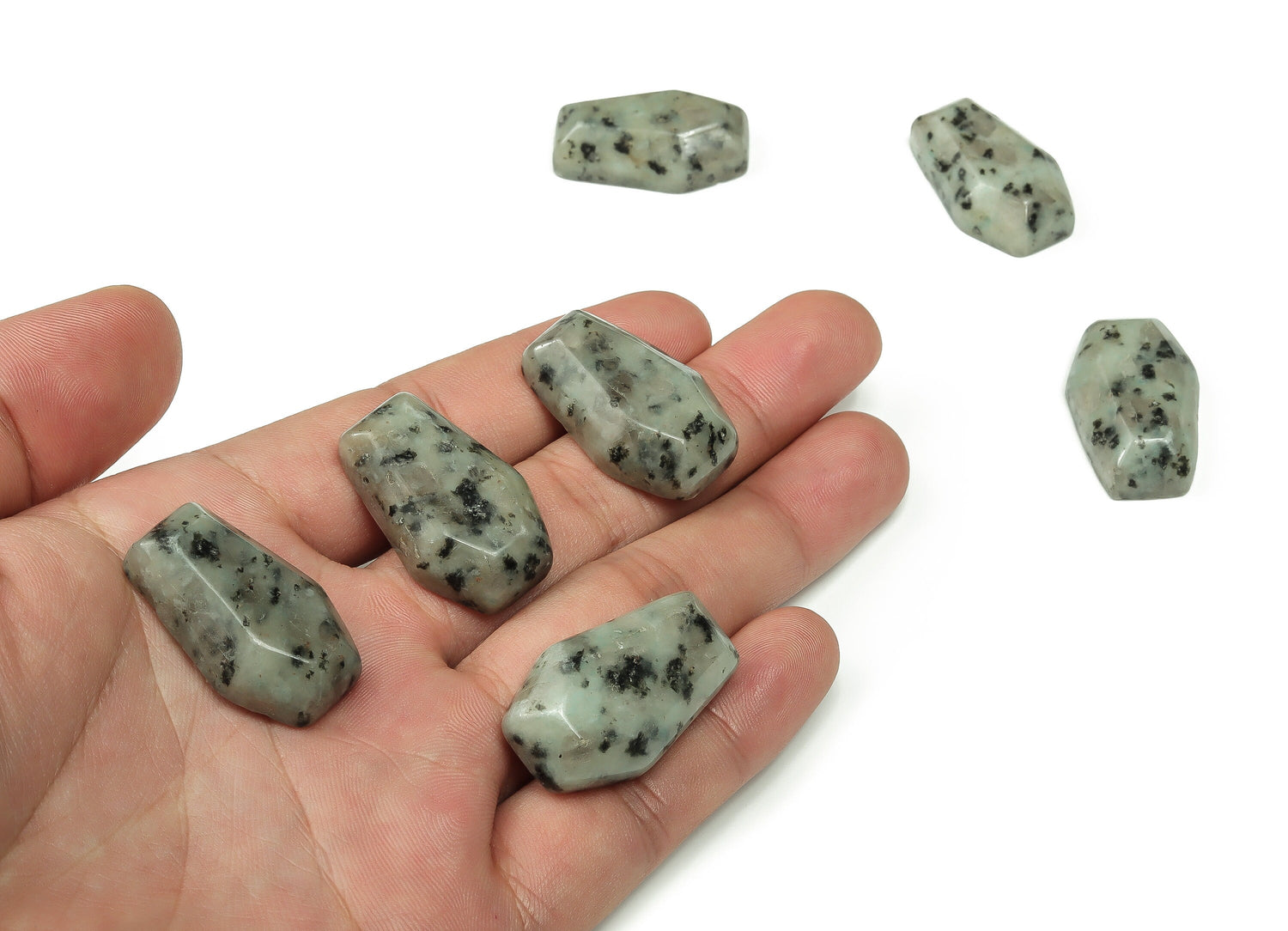 Kiwi Jasper Coffin Crystal cabochon from GemstoneGO, 30mm carved gemstone with natural green and brown hues.