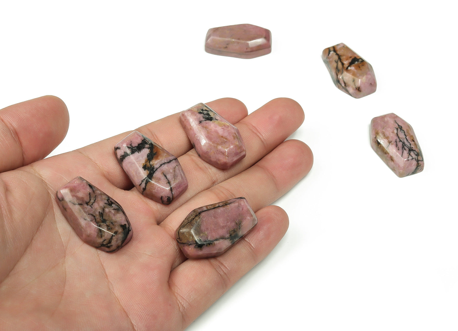 Rhodonite coffin-shaped crystal cabochon with carved details, 30mm gemstone from GemstoneGO.