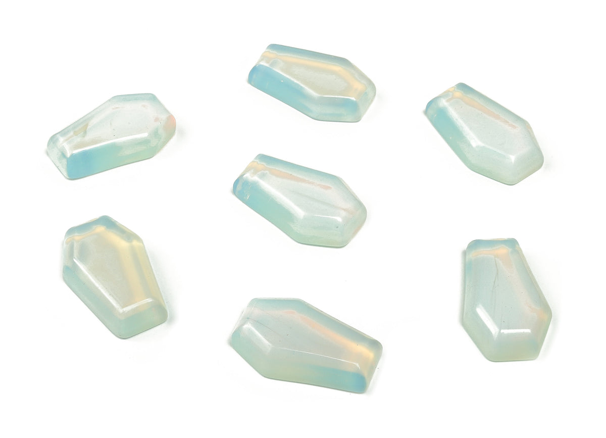 Opalite coffin-shaped crystal cabochon carved gemstone measuring 30mm, showcasing a smooth, polished surface with luminous blue and white hues.