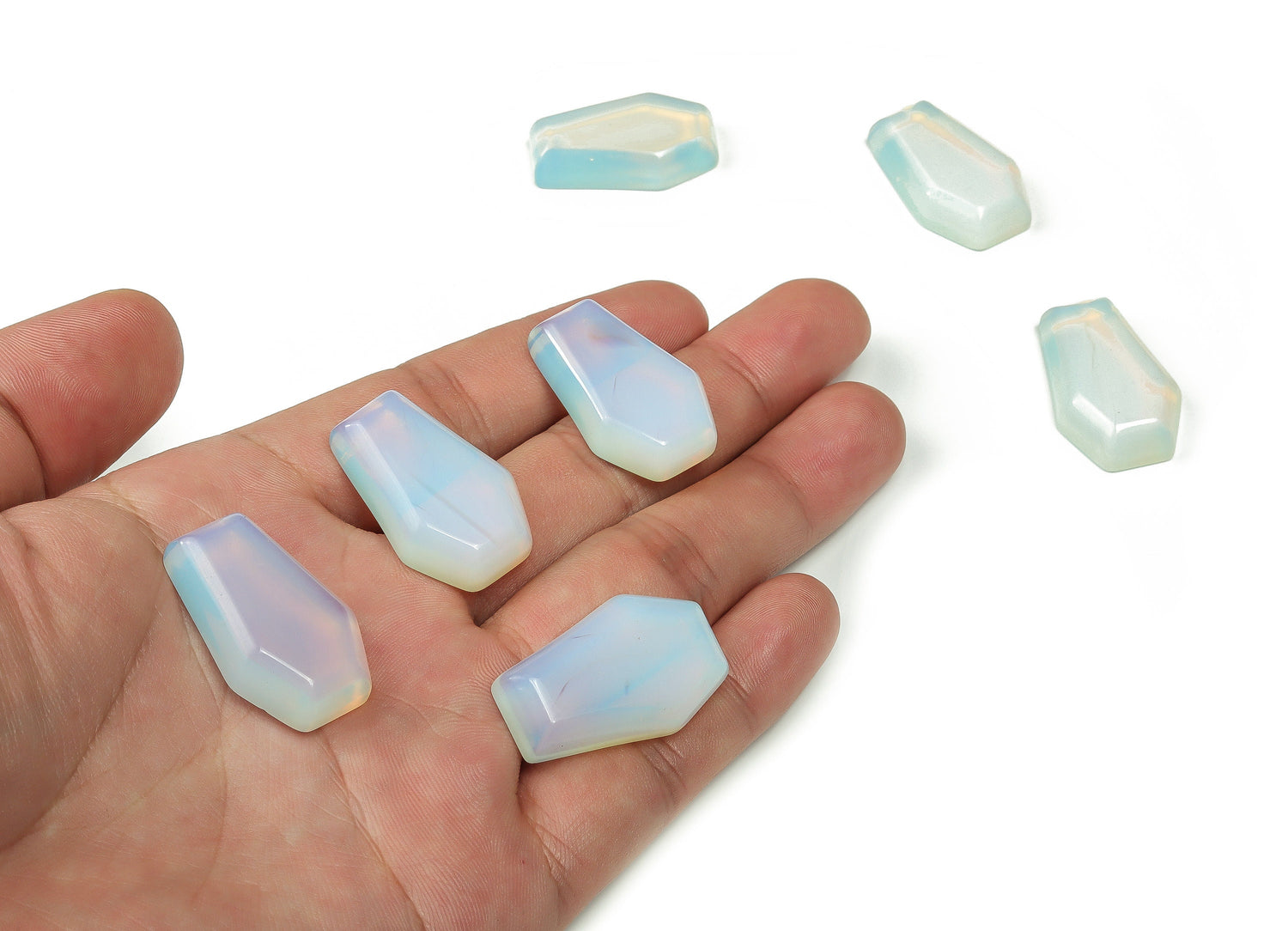 Opalite coffin-shaped crystal cabochon, 30mm gemstone carving from GemstoneGO, smooth polished surface and unique translucence.