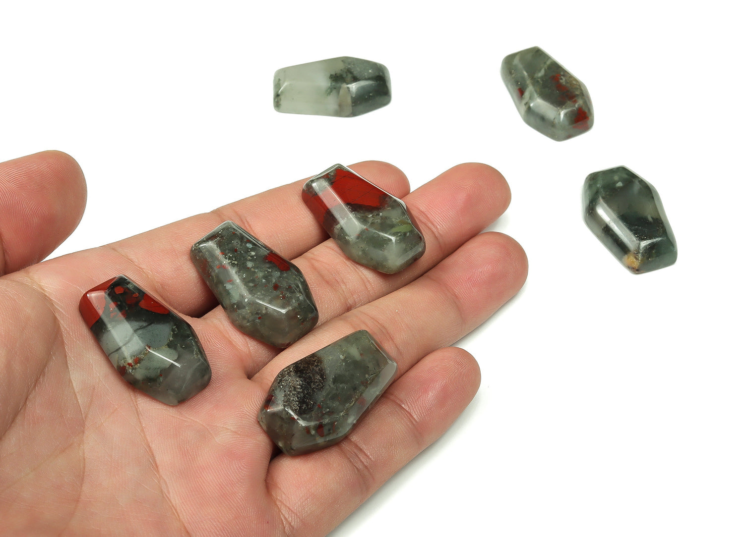 African Bloodstone coffin-shaped crystal cabochon, 30mm gemstone carving from GemstoneGO, showcasing rich red and green mineral patterns.