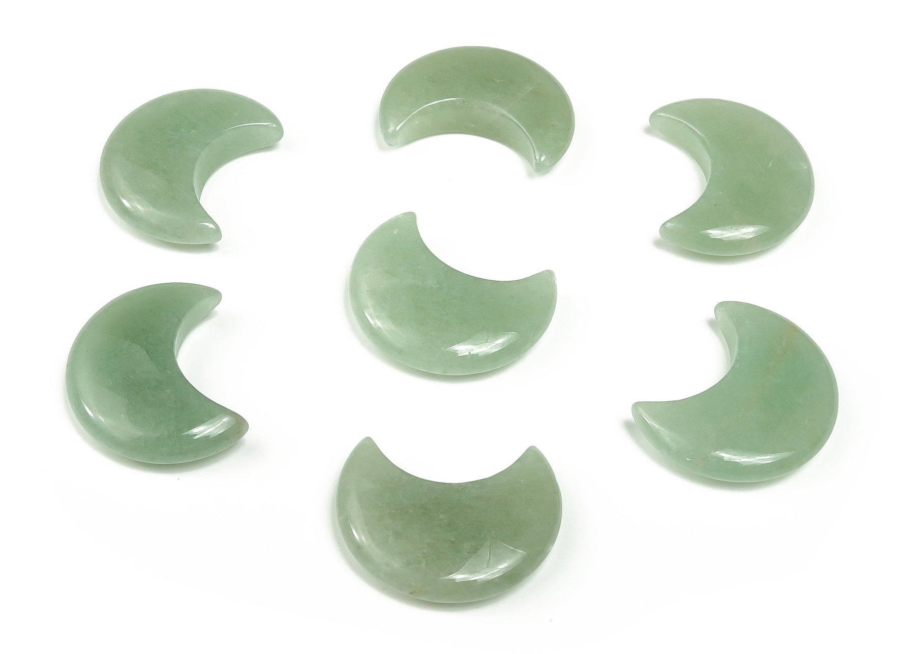 A 30mm aventurine gemstone moon pendant from GemstoneGO, showcasing a polished green stone with natural swirling patterns.
