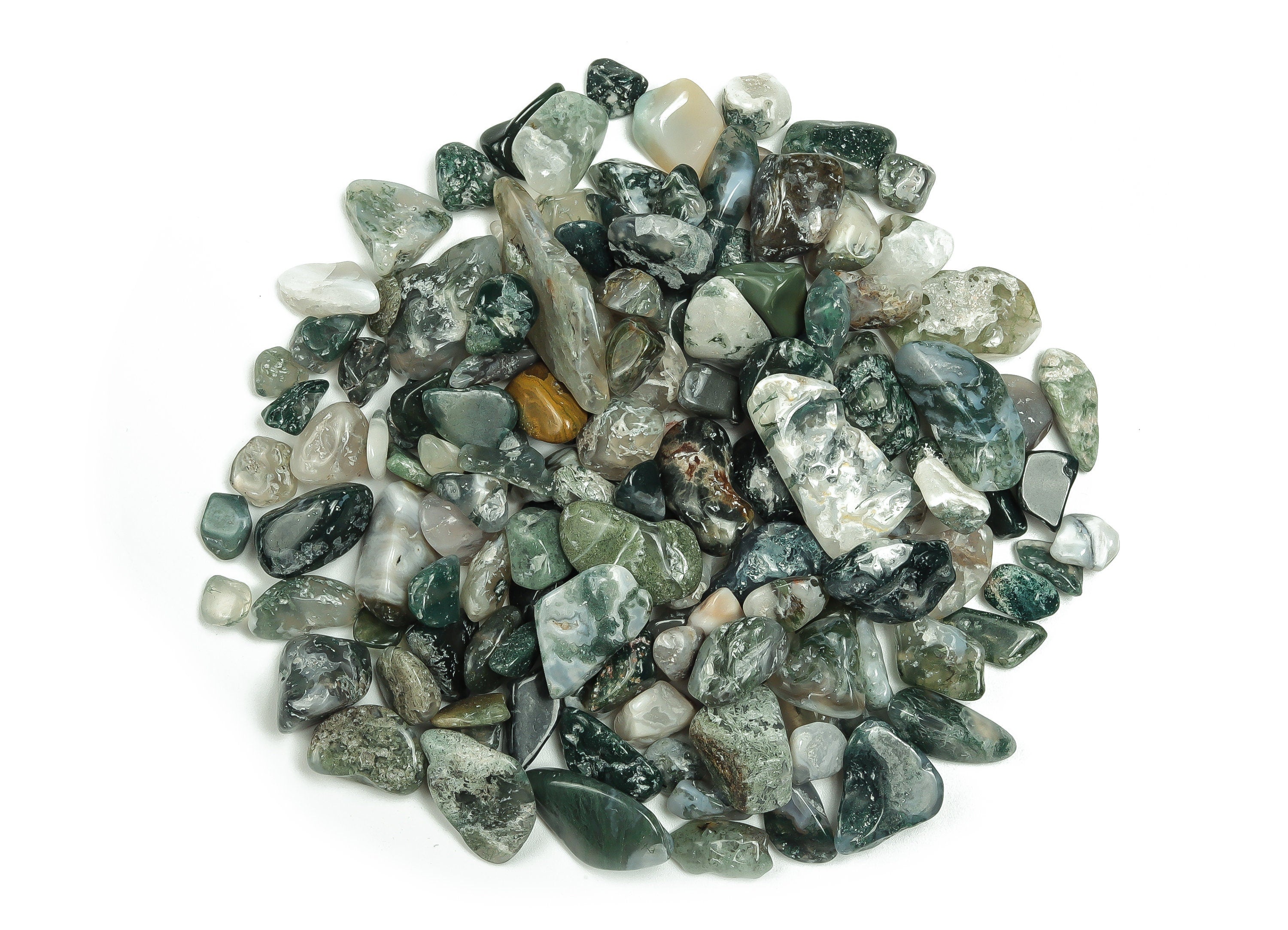 Semi-tumbled moss agate crystal chips from GemstoneGO, 7-12mm bulk stones with green and brown natural patterns.