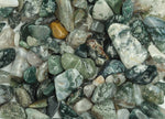 Moss agate crystal chips, semi-tumbled stones, 7-12mm, natural green and brown gemstone chips for jewelry making and crafts.