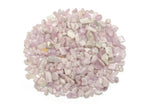Kunzite crystal chips in 7-12mm semi-tumbled stones, natural gemstone from GemstoneGO, shown in bulk with pinkish-purple hue.