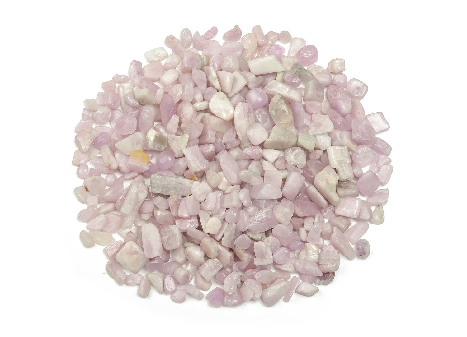 Kunzite crystal chips in 7-12mm semi-tumbled stones, natural gemstone from GemstoneGO, shown in bulk with pinkish-purple hue.
