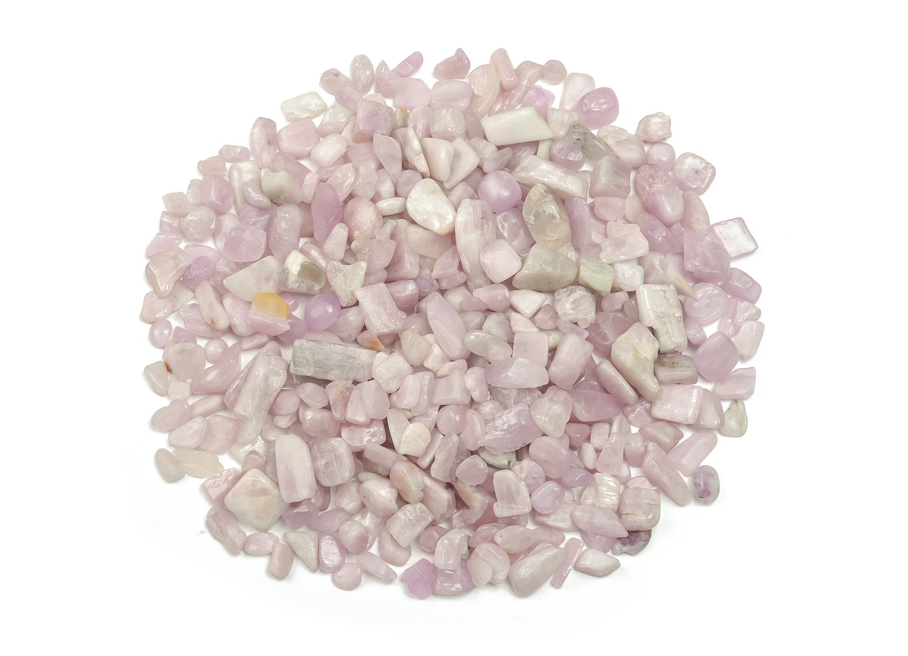 Kunzite crystal chips in 7-12mm semi-tumbled stones, natural gemstone from GemstoneGO, shown in bulk with pinkish-purple hue.