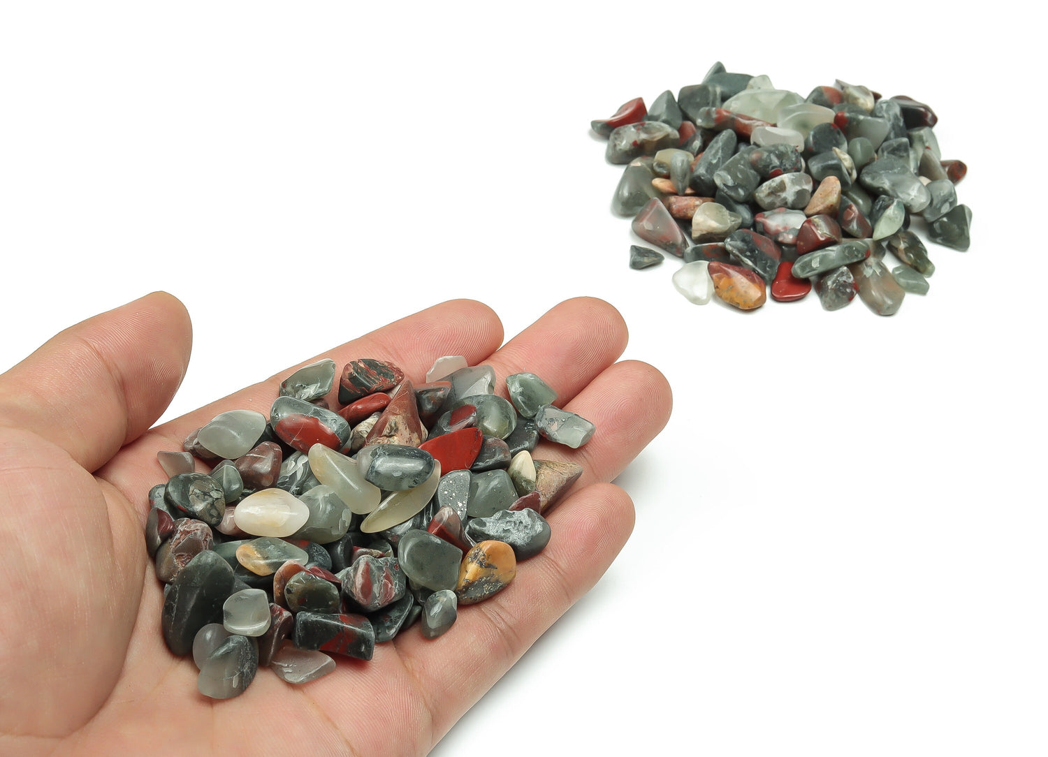 Semi-tumbled African Bloodstone crystal chips, 7-12mm bulk stones from GemstoneGO, showcasing deep green and red mineral patterns.