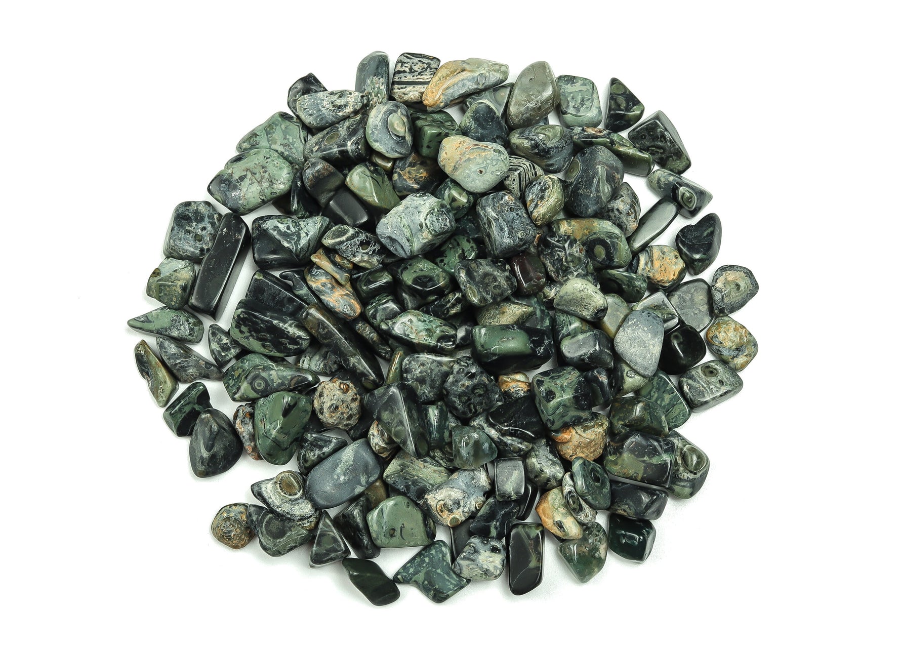 Kambaba Jasper crystal chips, semi-tumbled stones, 7-12mm size, bulk gemstone from GemstoneGO, natural green and black patterned stones.