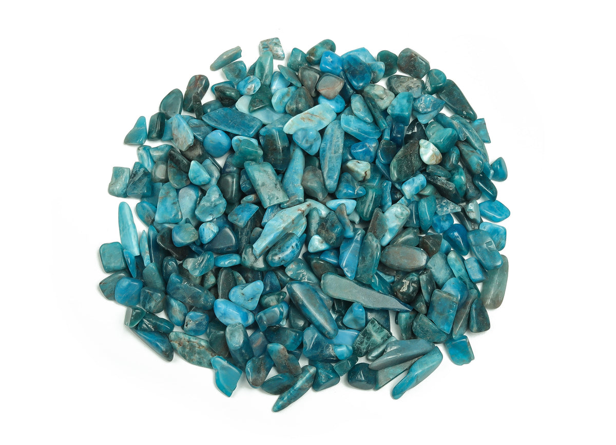 Blue Apatite crystal chips, semi-tumbled gemstone stones in 7-12mm, shown in bulk pack, from GemstoneGO.