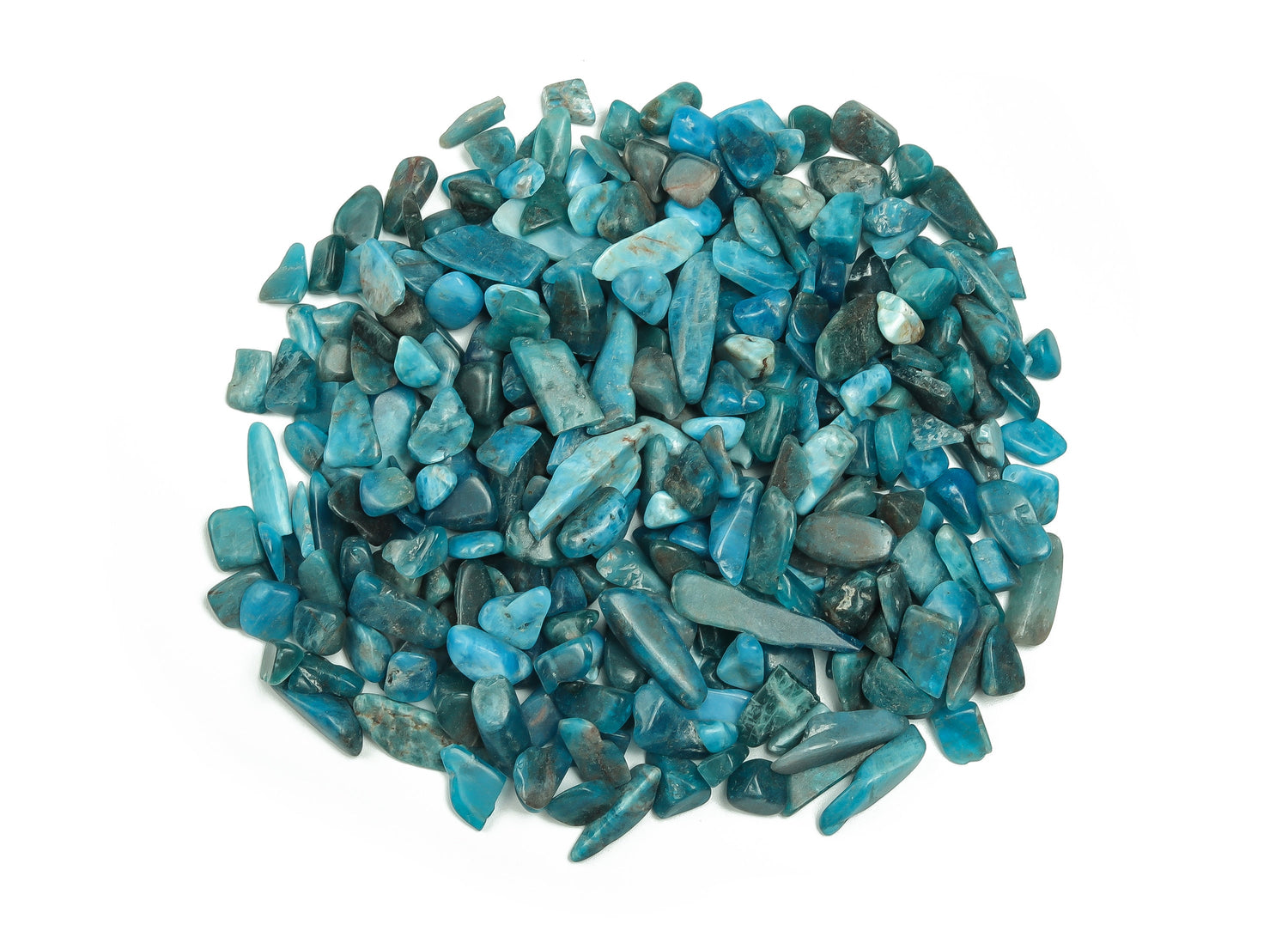 Blue Apatite crystal chips, semi-tumbled gemstone stones in 7-12mm, shown in bulk pack, from GemstoneGO.