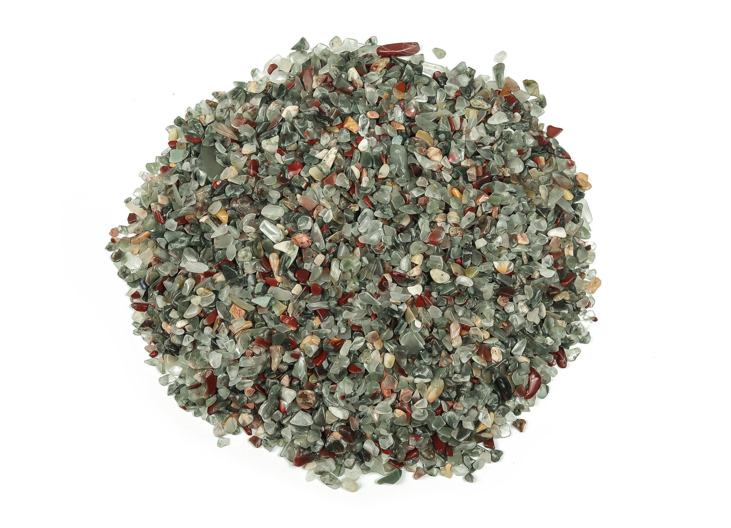 African Bloodstone crystal chips, semi-tumbled 2-6mm, natural gemstone from GemstoneGO, shown in a close-up image.