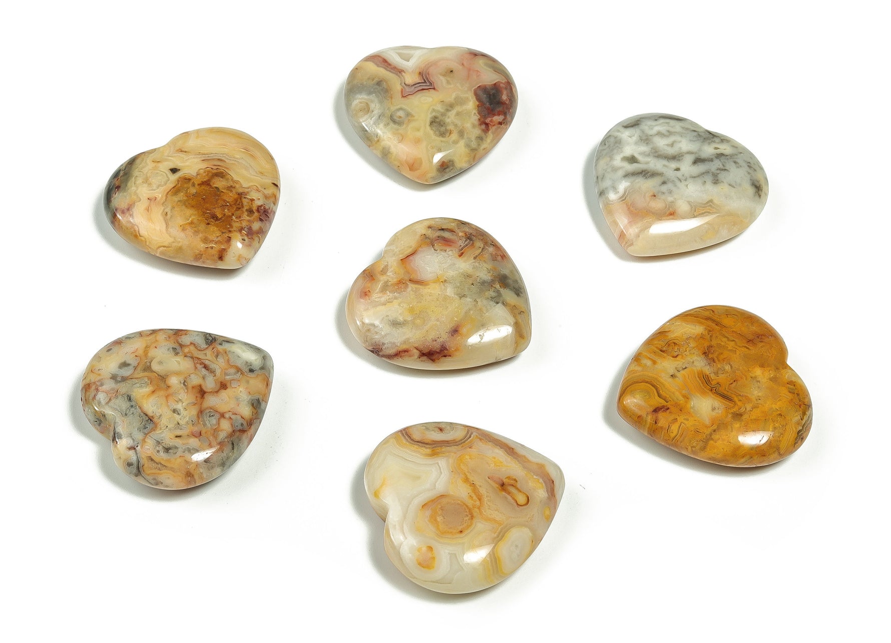 30mm Crazy Lace Agate hearts gemstone by GemstoneGO, featuring intricate patterns and vibrant colors in a polished finish.