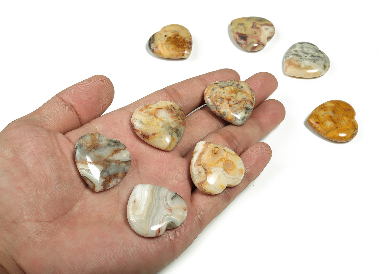 30mm Crazy Lace Agate heart-shaped gemstone from GemstoneGO, showcasing intricate lace-like patterns and rich earthy tones.