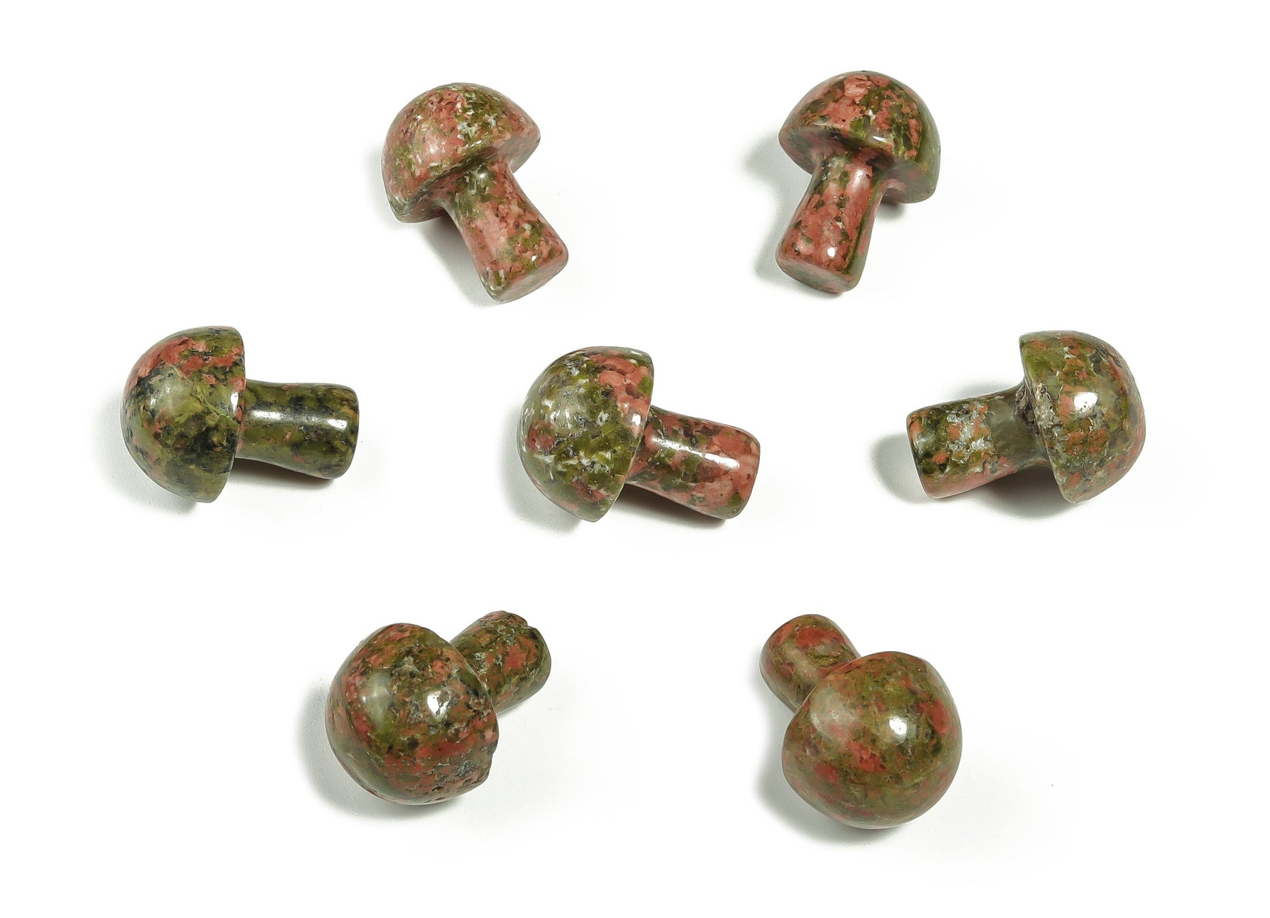 Unakite mushroom carved gemstone, 20mm, from GemstoneGO, showcasing the vibrant pink and green mineral details.