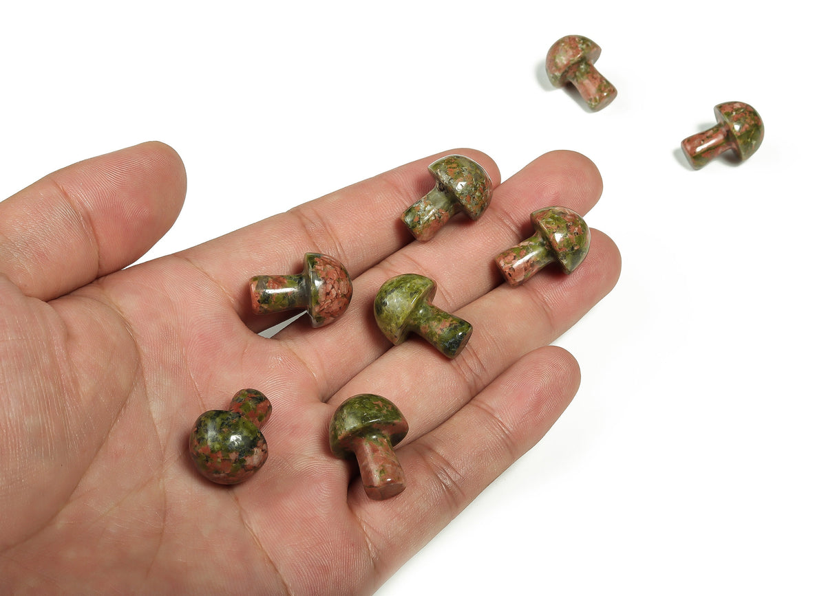 Unakite mushroom carved gemstone pendant, 20mm, by GemstoneGO, showing detailed pink and green mineral patterns on a polished surface.