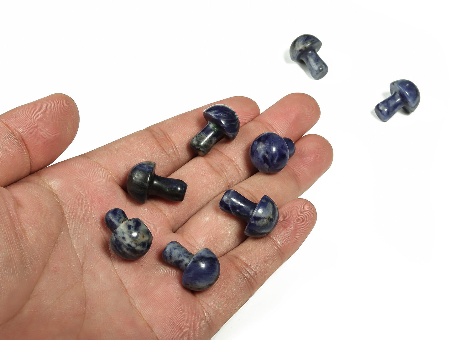 Sodalite mushroom carved gemstone pendant, 20mm, showcasing deep blue and white mineral patterns, from GemstoneGO.