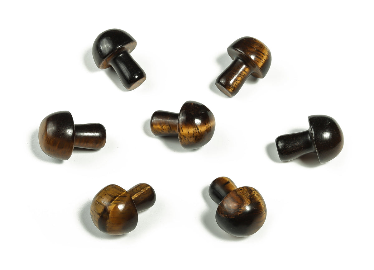 Tiger Eye mushroom carved gemstone bead, 20mm, from GemstoneGO, featuring detailed mushroom shape and rich golden-brown color.