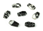 Zebra Calcite coffin-shaped crystal cabochon with carved details, 30mm, from GemstoneGO, showcasing black and white striped patterns.
