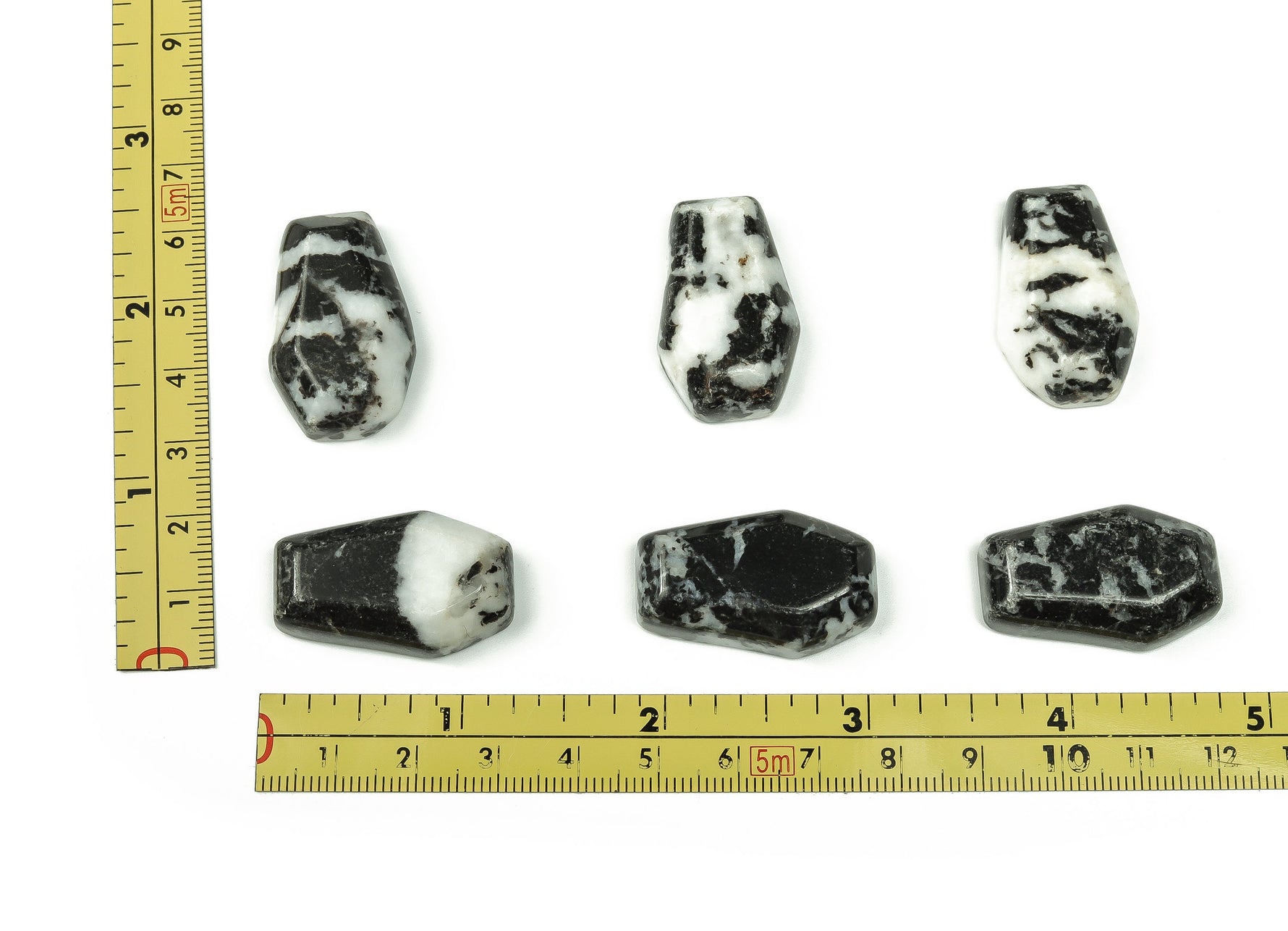 Zebra Calcite Coffin Crystal cabochon, 30mm, gemstone carving with distinctive black and white zebra stripe pattern, from GemstoneGO.