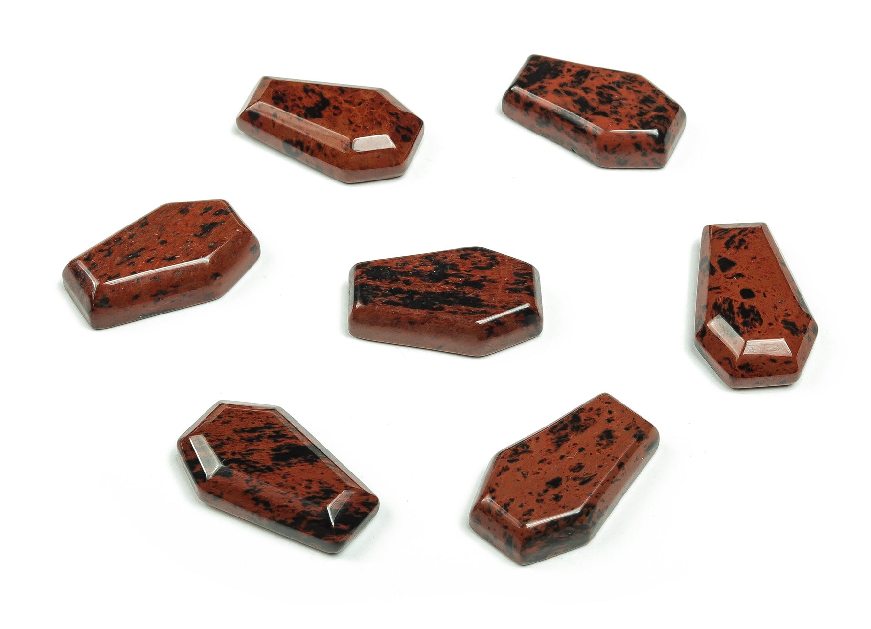 Mahogany Obsidian coffin-shaped cabochon crystal carving, 30mm, from GemstoneGO featuring rich, polished stone with natural patterns.