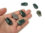 Moss Agate coffin-shaped crystal cabochon carved from gemstone, measuring 30mm, with intricate natural green and brown patterns.