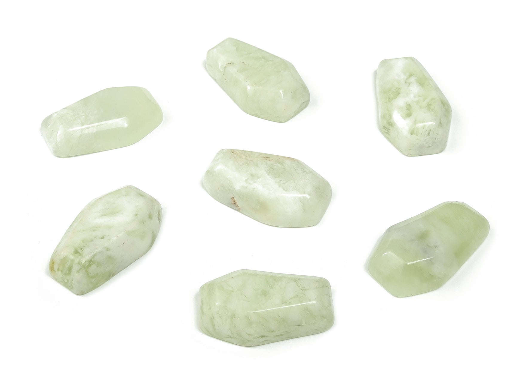 Jade coffin-shaped crystal cabochon, 30mm, from GemstoneGO, featuring detailed carving and smooth polished surface.