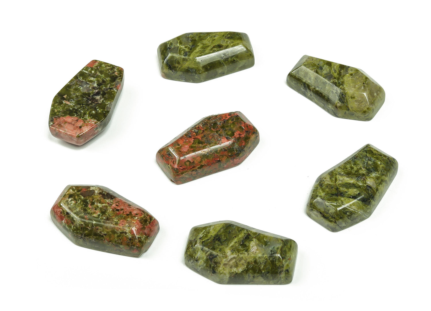 Unakite coffin-shaped crystal cabochon, 30mm gemstone carving from GemstoneGO, featuring vibrant green and pink mineral details.